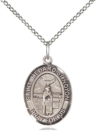 Sterling Silver Saint Medard of Noyon Pendant on a 18 inch Sterling Silver Light Curb chain