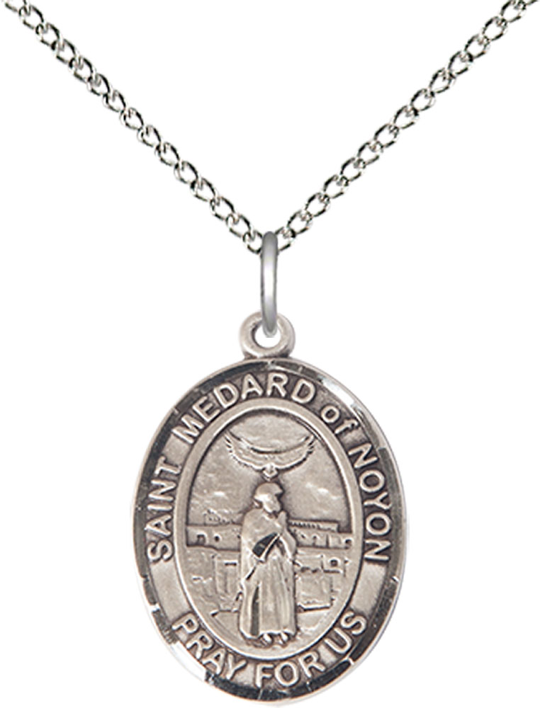 Sterling Silver Saint Medard of Noyon Pendant on a 18 inch Sterling Silver Light Curb chain