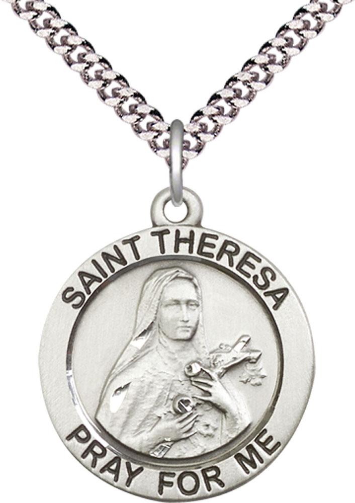 Sterling Silver Saint Theresa Pendant on a 24 inch Light Rhodium Heavy Curb chain