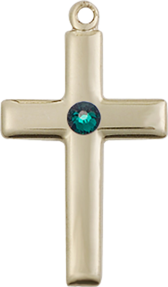 14kt Gold Cross Medal with a 3mm Emerald Swarovski stone