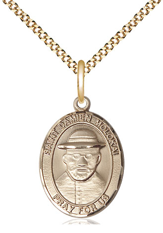 14kt Gold Filled Saint Damien of Molokai Pendant on a 18 inch Gold Plate Light Curb chain