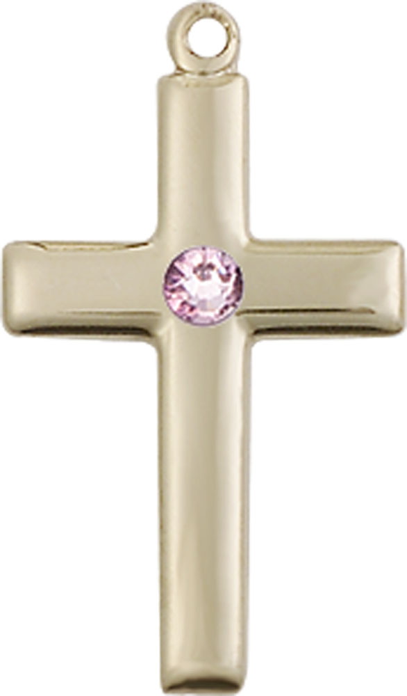 14kt Gold Cross Medal with a 3mm Light Amethyst Swarovski stone