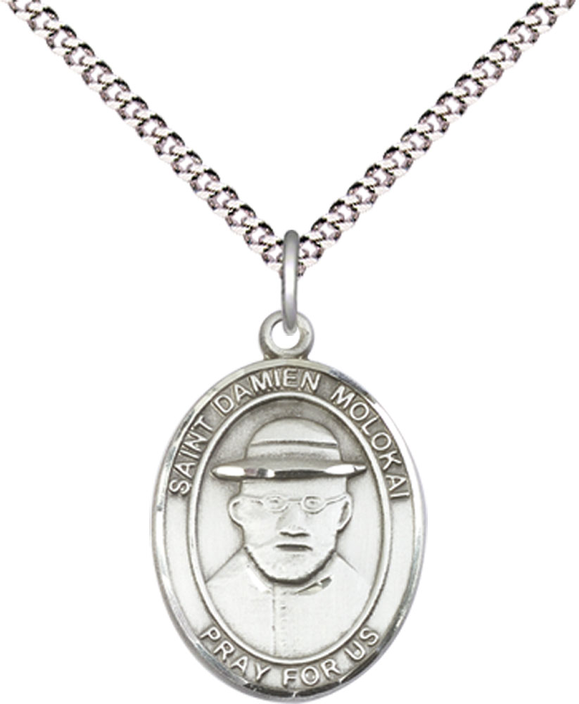 Sterling Silver Saint Damien of Molokai Pendant on a 18 inch Light Rhodium Light Curb chain
