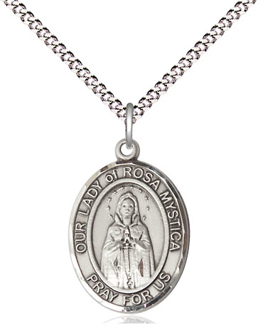Sterling Silver Our Lady of Rosa Mystica Pendant on a 18 inch Light Rhodium Light Curb chain