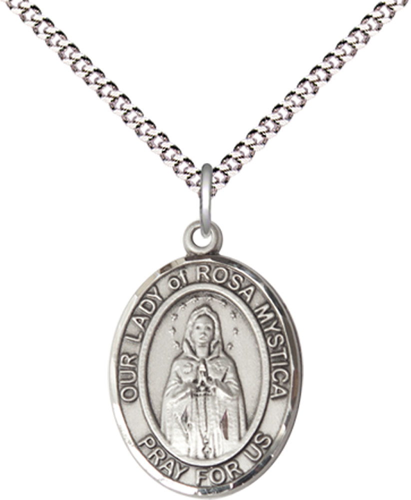 Sterling Silver Our Lady of Rosa Mystica Pendant on a 18 inch Light Rhodium Light Curb chain