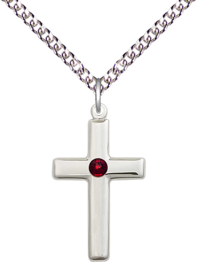 Sterling Silver Cross Pendant with a 3mm Garnet Swarovski stone on a 24 inch Sterling Silver Heavy Curb chain