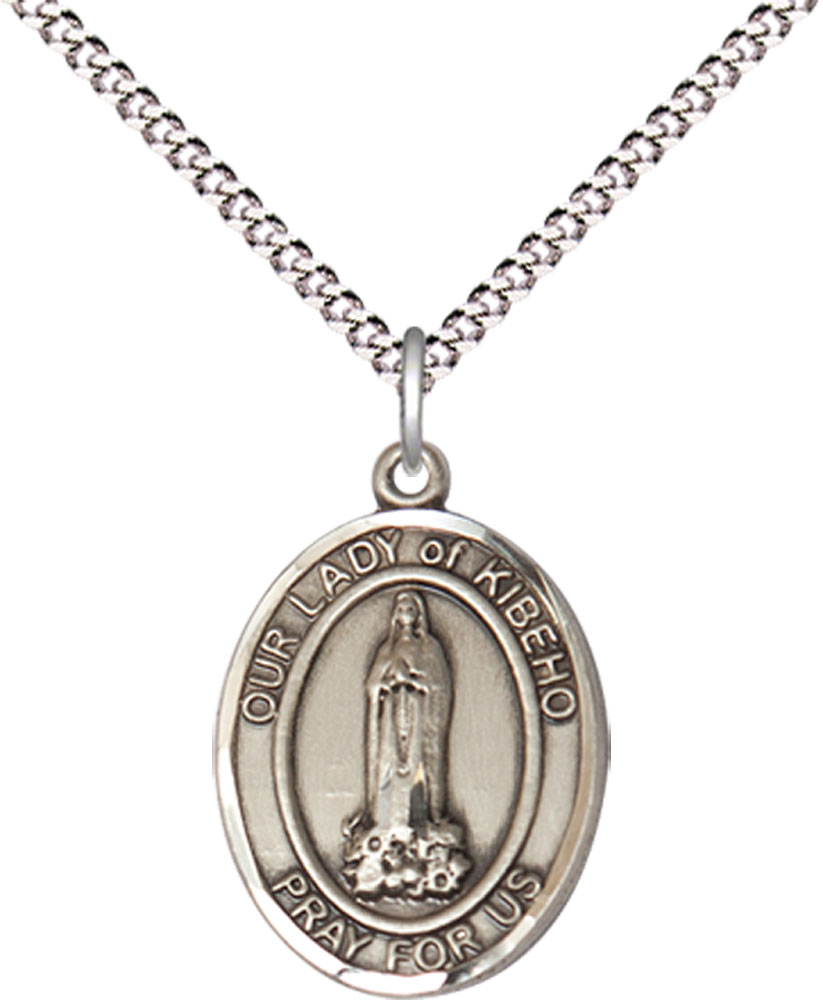 Sterling Silver Our Lady of Kibeho Pendant on a 18 inch Light Rhodium Light Curb chain