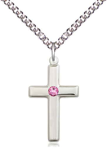 Sterling Silver Cross Pendant with a 3mm Rose Swarovski stone on a 24 inch Sterling Silver Heavy Curb chain