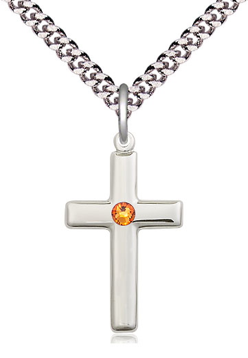 Sterling Silver Cross Pendant with a 3mm Topaz Swarovski stone on a 24 inch Light Rhodium Heavy Curb chain