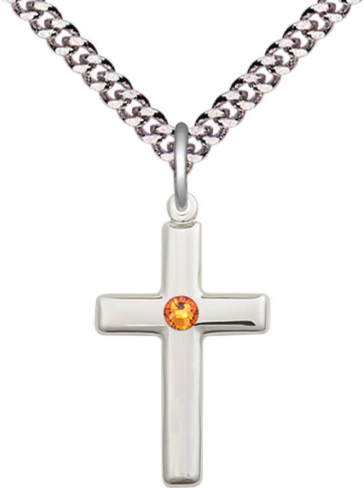 Sterling Silver Cross Pendant with a 3mm Topaz Swarovski stone on a 24 inch Light Rhodium Heavy Curb chain