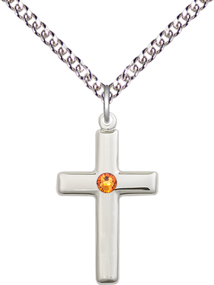 Sterling Silver Cross Pendant with a 3mm Topaz Swarovski stone on a 24 inch Sterling Silver Heavy Curb chain