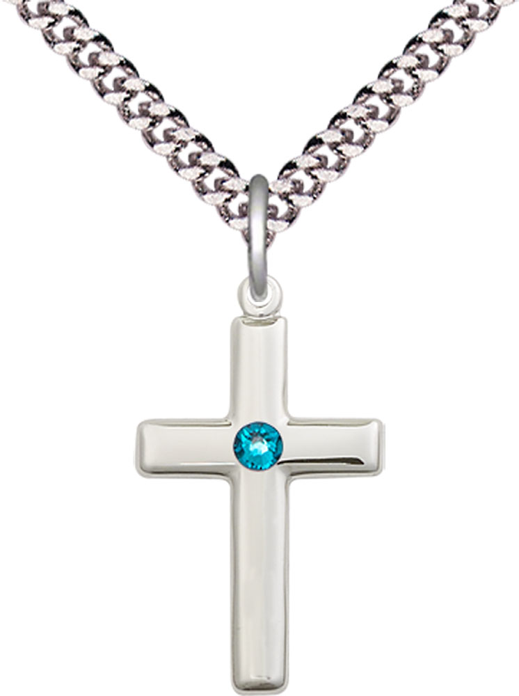 Sterling Silver Cross Pendant with a 3mm Zircon Swarovski stone on a 24 inch Light Rhodium Heavy Curb chain