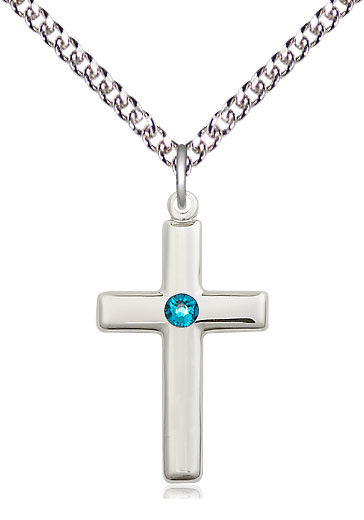 Sterling Silver Cross Pendant with a 3mm Zircon Swarovski stone on a 24 inch Sterling Silver Heavy Curb chain