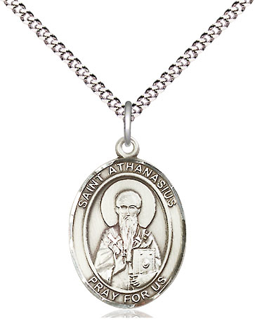 Sterling Silver Saint Athanasius Pendant on a 18 inch Light Rhodium Light Curb chain