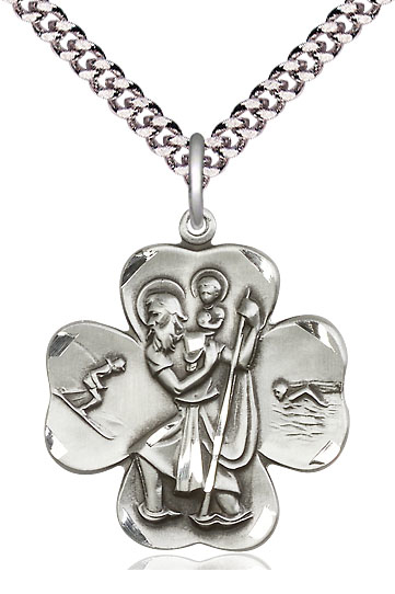 Sterling Silver Saint Christopher Pendant on a 24 inch Light Rhodium Heavy Curb chain