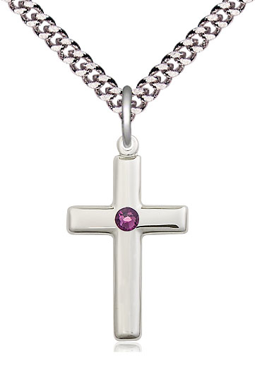 Sterling Silver Cross Pendant with a 3mm Amethyst Swarovski stone on a 24 inch Light Rhodium Heavy Curb chain