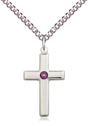 Sterling Silver Cross Pendant with a 3mm Amethyst Swarovski stone on a 24 inch Sterling Silver Heavy Curb chain