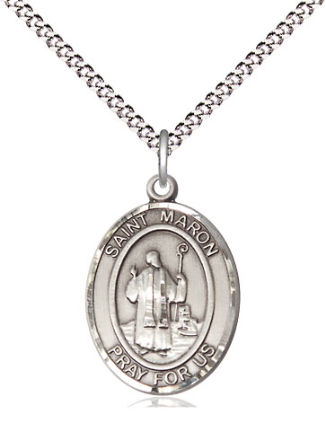 Sterling Silver Saint Maron Pendant on a 18 inch Light Rhodium Light Curb chain