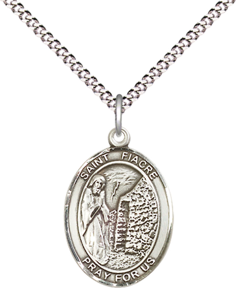 Sterling Silver Saint Fiacre Pendant on a 18 inch Light Rhodium Light Curb chain