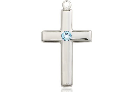 Sterling Silver Cross Medal with a 3mm Aqua Swarovski stone