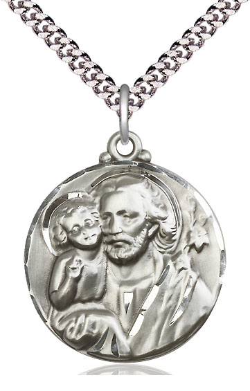 Sterling Silver Saint Joseph Pendant on a 24 inch Light Rhodium Heavy Curb chain