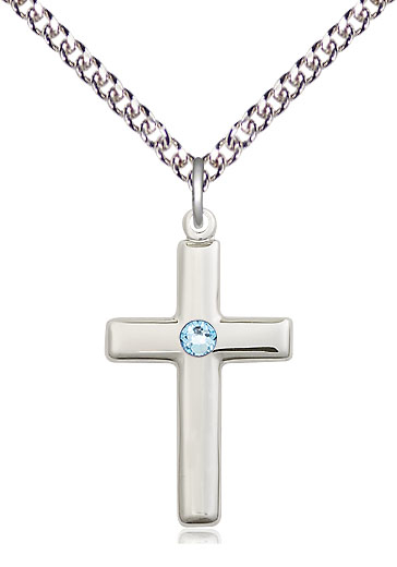 Sterling Silver Cross Pendant with a 3mm Aqua Swarovski stone on a 24 inch Sterling Silver Heavy Curb chain