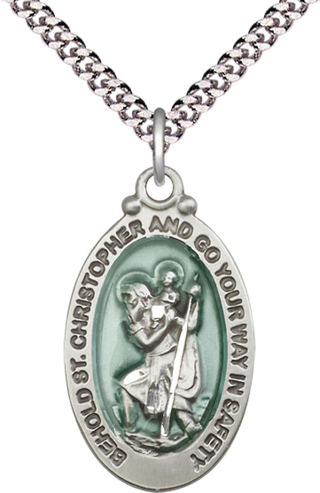 Sterling Silver Saint Christopher Pendant on a 24 inch Light Rhodium Heavy Curb chain