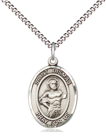 Sterling Silver Saint Dismas Pendant on a 18 inch Light Rhodium Light Curb chain