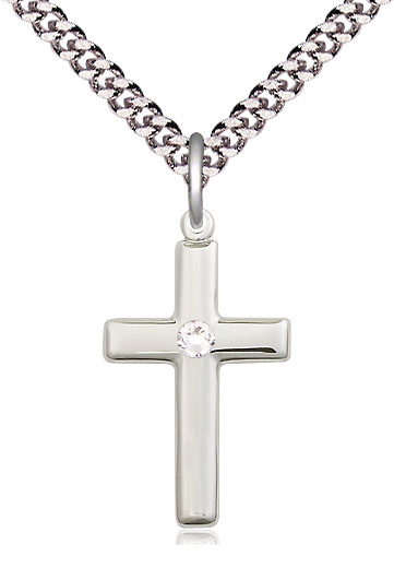 Sterling Silver Cross Pendant with a 3mm Crystal Swarovski stone on a 24 inch Light Rhodium Heavy Curb chain