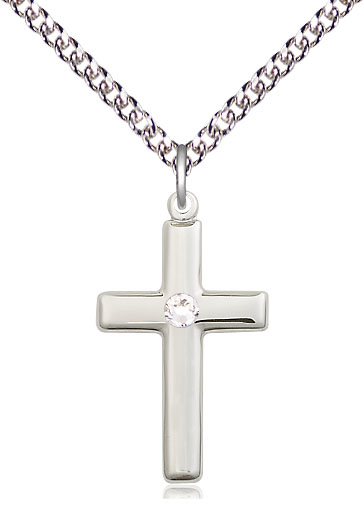 Sterling Silver Cross Pendant with a 3mm Crystal Swarovski stone on a 24 inch Sterling Silver Heavy Curb chain