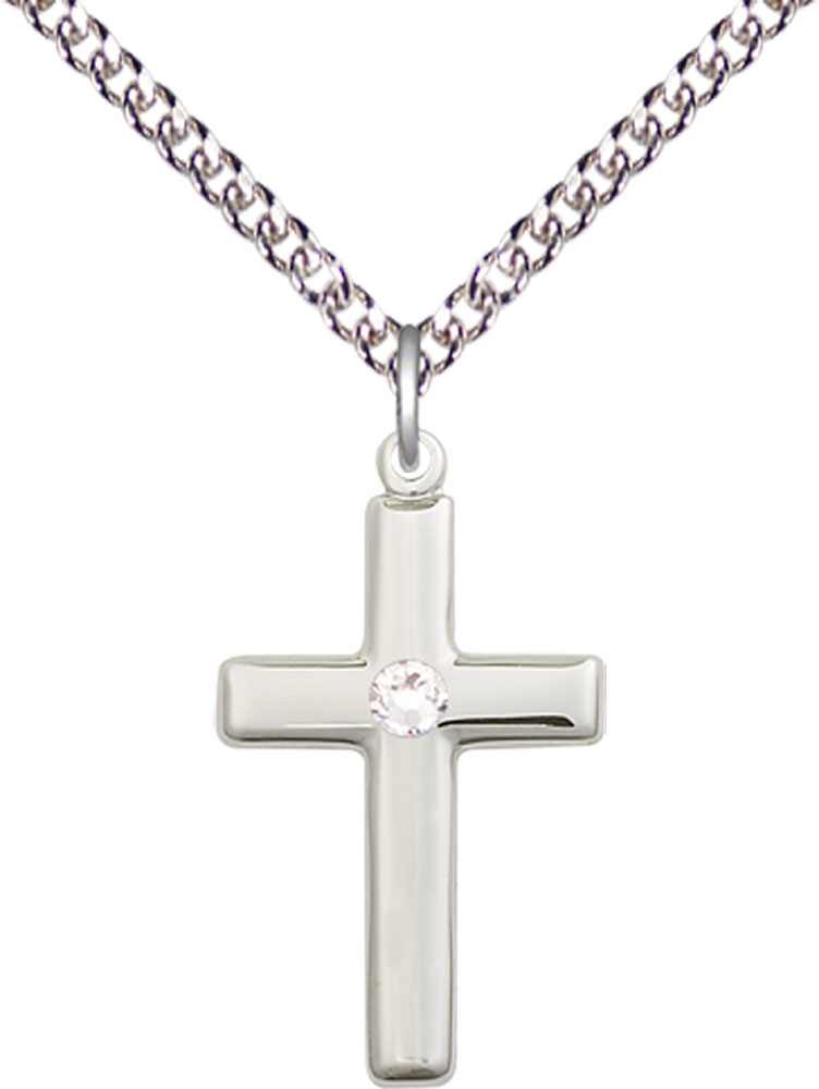 Sterling Silver Cross Pendant with a 3mm Crystal Swarovski stone on a 24 inch Sterling Silver Heavy Curb chain