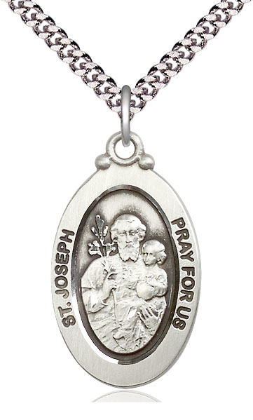 Sterling Silver Saint Joseph Pendant on a 24 inch Light Rhodium Heavy Curb chain