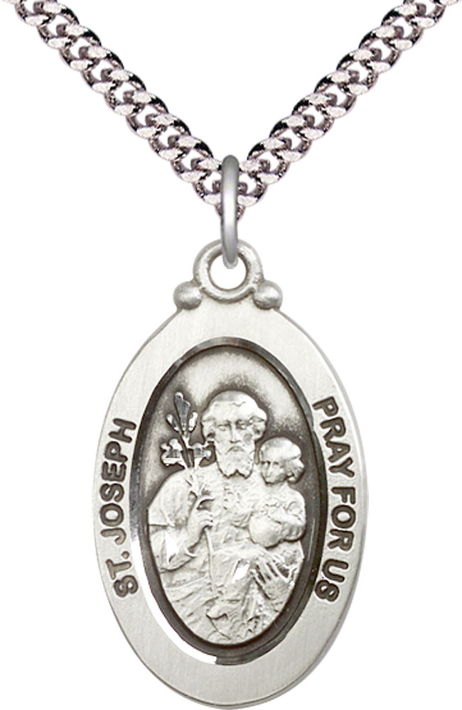 Sterling Silver Saint Joseph Pendant on a 24 inch Light Rhodium Heavy Curb chain