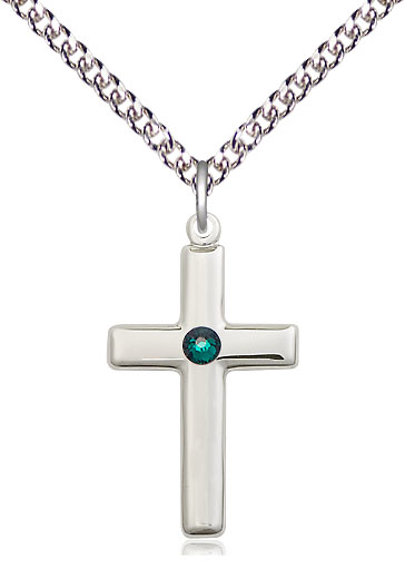 Sterling Silver Cross Pendant with a 3mm Emerald Swarovski stone on a 24 inch Sterling Silver Heavy Curb chain