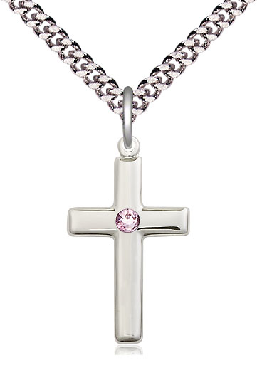 Sterling Silver Cross Pendant with a 3mm Light Amethyst Swarovski stone on a 24 inch Light Rhodium Heavy Curb chain