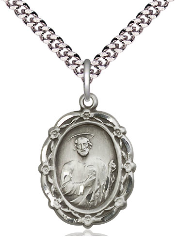 Sterling Silver Saint Jude Pendant on a 24 inch Light Rhodium Heavy Curb chain