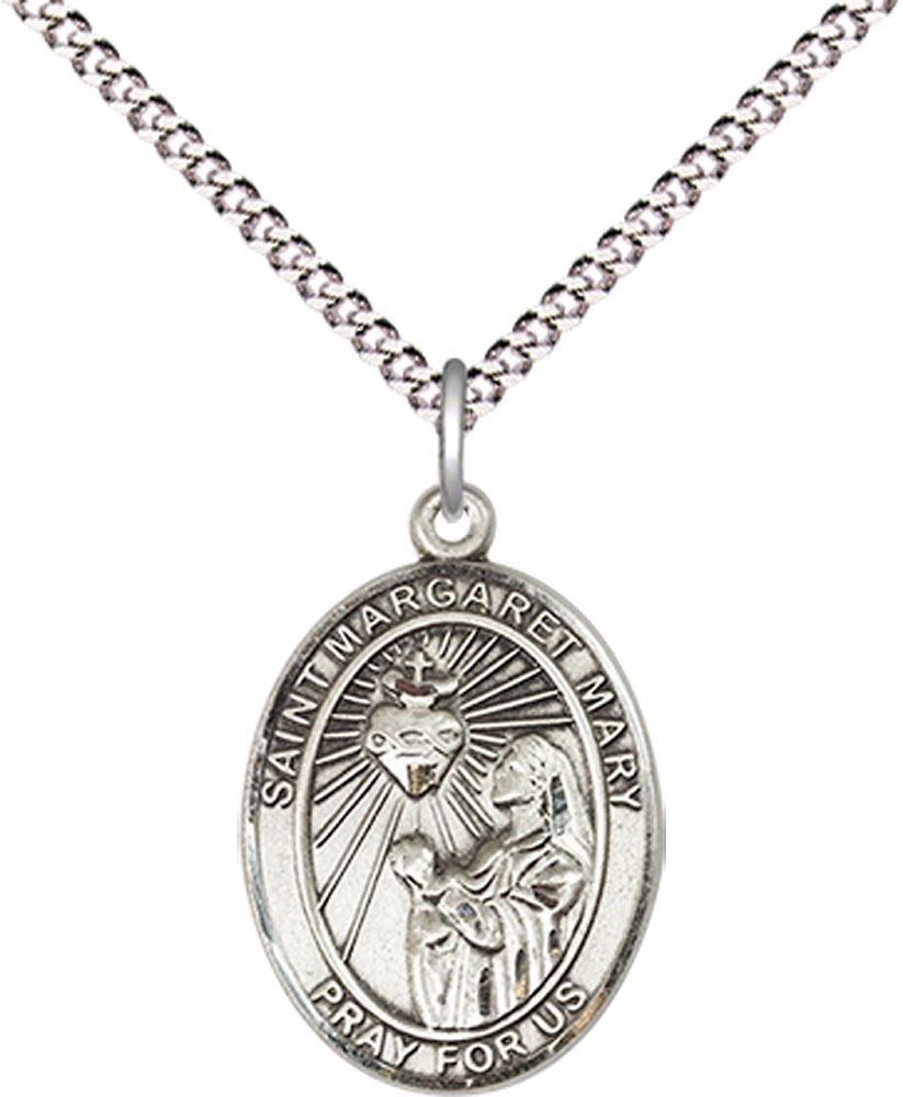 Sterling Silver Saint Margaret Mary Alacoque Pendant on a 18 inch Light Rhodium Light Curb chain