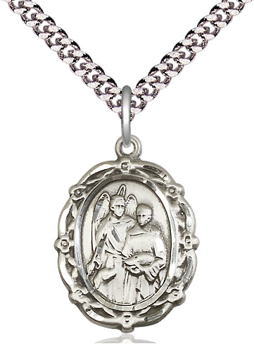 Sterling Silver Saint Raphael the Archangel Pendant on a 24 inch Light Rhodium Heavy Curb chain