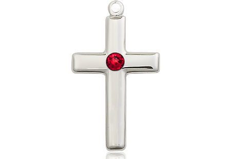 Sterling Silver Cross Medal with a 3mm Ruby Swarovski stone