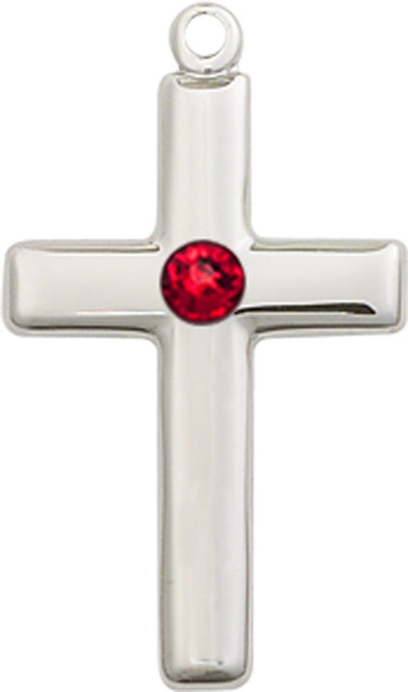 Sterling Silver Cross Medal with a 3mm Ruby Swarovski stone