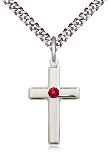 Sterling Silver Cross Pendant with a 3mm Ruby Swarovski stone on a 24 inch Light Rhodium Heavy Curb chain