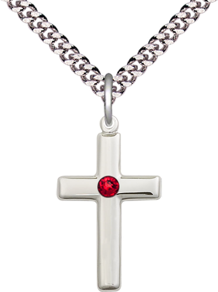 Sterling Silver Cross Pendant with a 3mm Ruby Swarovski stone on a 24 inch Light Rhodium Heavy Curb chain