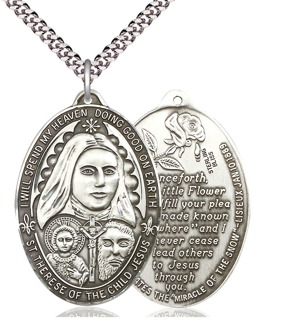 Sterling Silver Saint Therese of the Child of Jesus Pendant on a 24 inch Light Rhodium Heavy Curb chain