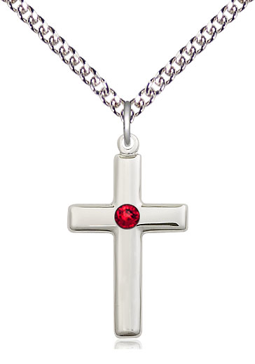 Sterling Silver Cross Pendant with a 3mm Ruby Swarovski stone on a 24 inch Sterling Silver Heavy Curb chain