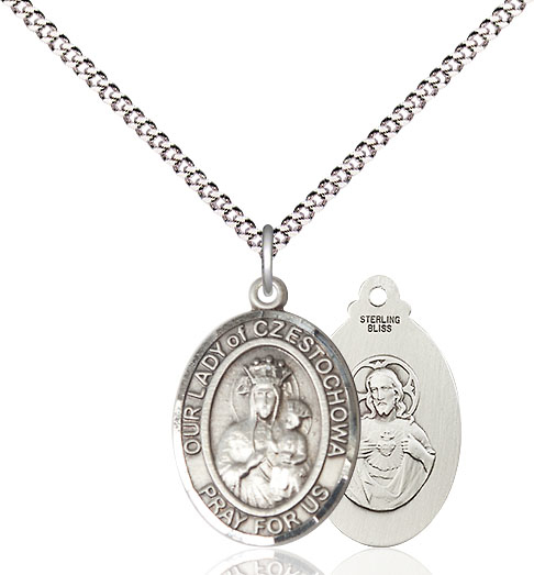 Sterling Silver Our Lady of Czestochowa Pendant on a 18 inch Light Rhodium Light Curb chain