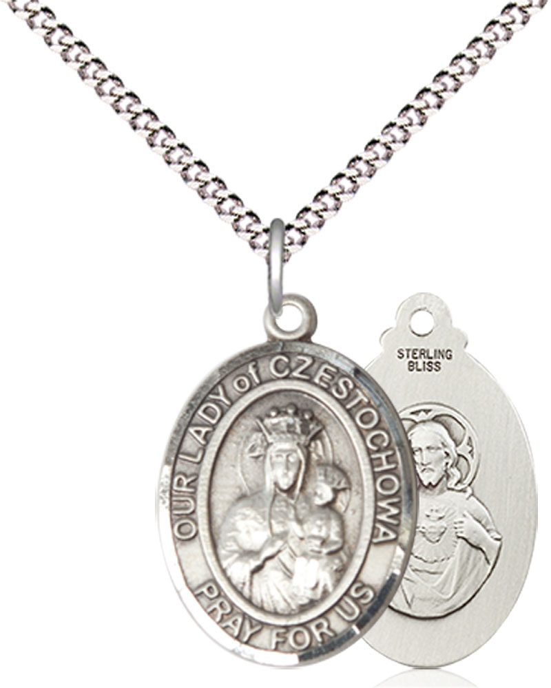 Sterling Silver Our Lady of Czestochowa Pendant on a 18 inch Light Rhodium Light Curb chain