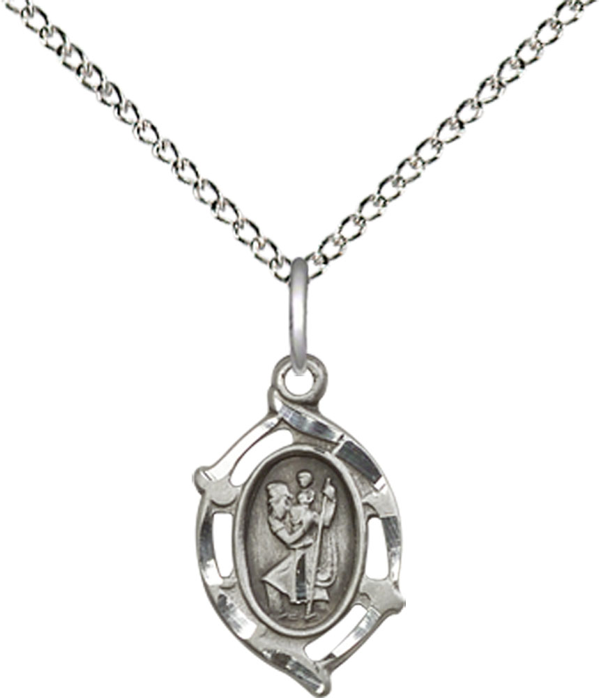 Sterling Silver Saint Christopher Pendant on a 18 inch Sterling Silver Light Curb chain