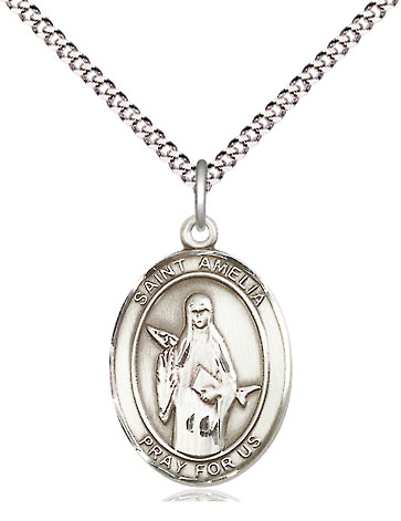 Sterling Silver Saint Amelia Pendant on a 18 inch Light Rhodium Light Curb chain