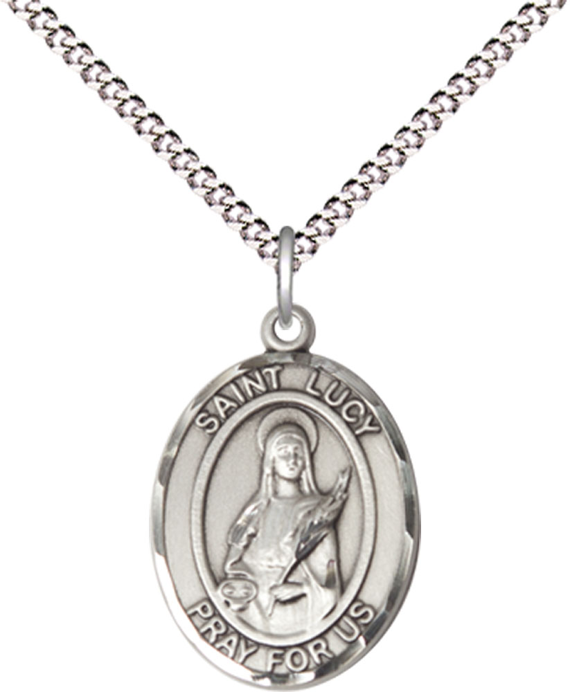 Sterling Silver Saint Lucy Pendant on a 18 inch Light Rhodium Light Curb chain