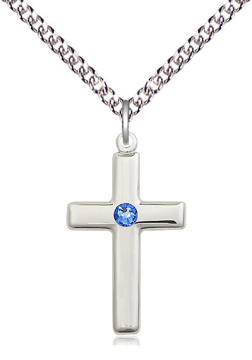 Sterling Silver Cross Pendant with a 3mm Sapphire Swarovski stone on a 24 inch Sterling Silver Heavy Curb chain